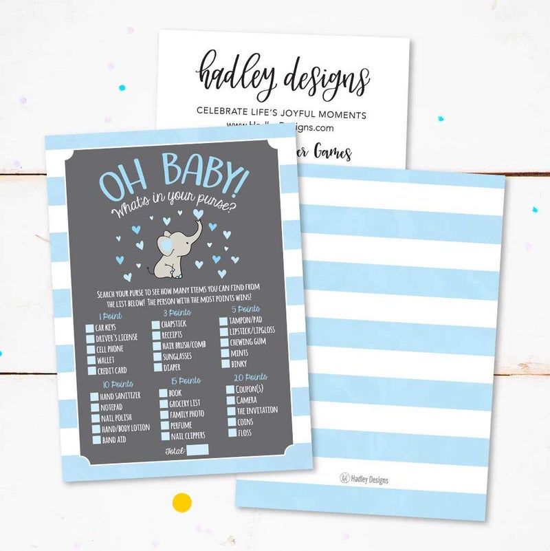 Hadley Designs Baby Shower Games for 25 Guests - Blue Elephant Whats in Your Purse Baby Shower Game Boy, What's in Your Purse Babyshower Games Boy, Made in USA - Image 2